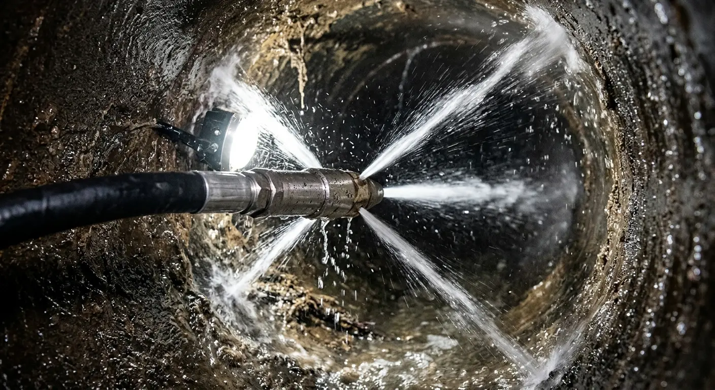 High-pressure hydro jetting nozzle cleaning sewer pipe for Emergency Drain Service in Ontario