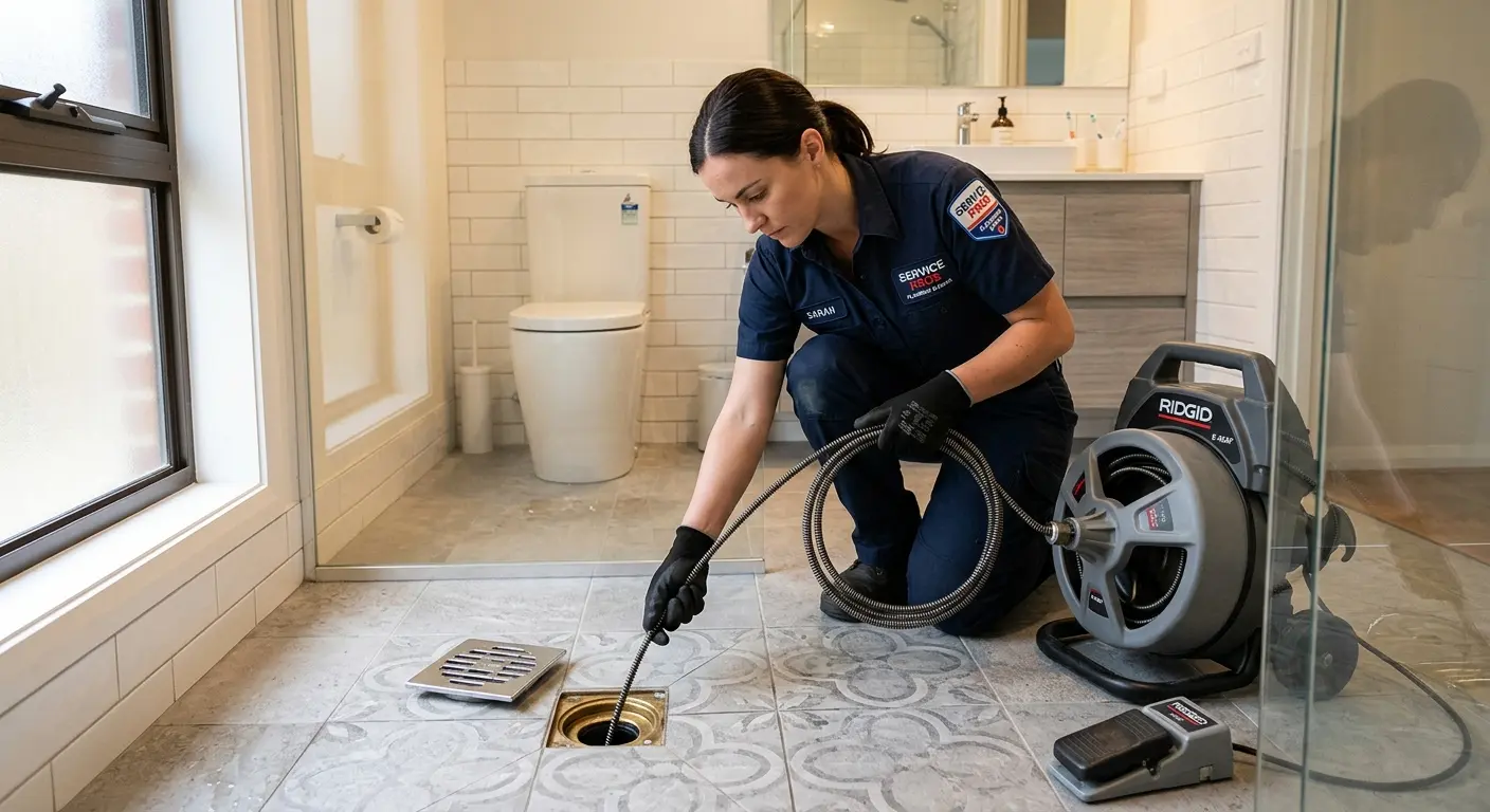 Technician clearing a bathroom floor drain for Drain Cleaning in Ontario
